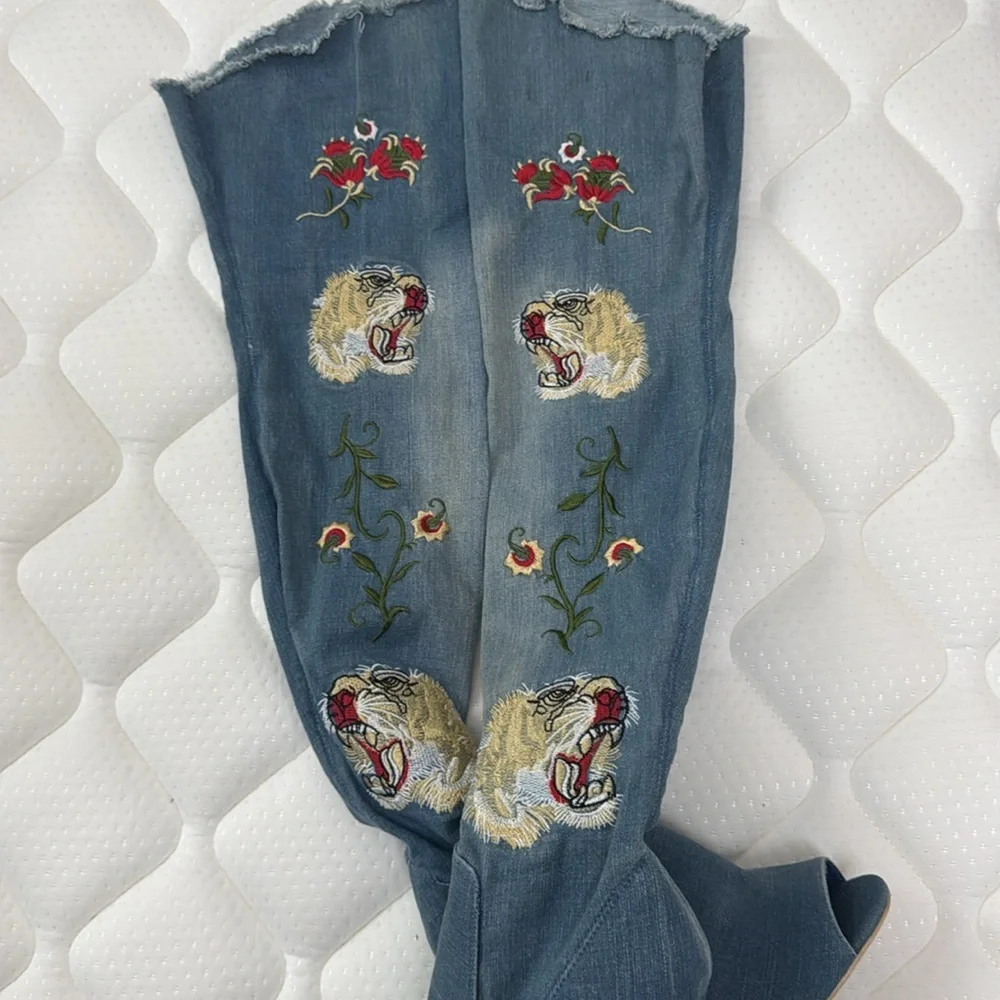 Toriana Blue Denim Like Club Embroidered Tiger Rose Over the Knee Boots- Size 8